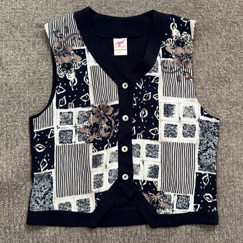 90s Vintage Patchwork Button Front Tank Top Vest Sz Small Lightweight Summer Y2K